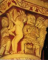 Chauvigny, Eglise Saint-Pierre, Chapiteau, Satan sur un brasier (1)